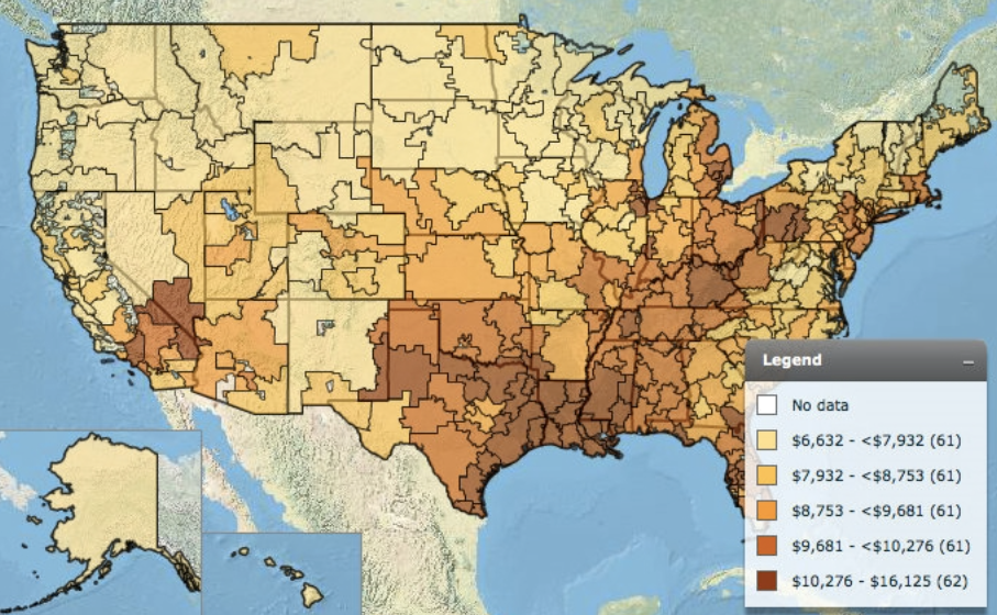 Figure 3. Hospital Referral Region based map of the US showcasing the total Medicare spending. 